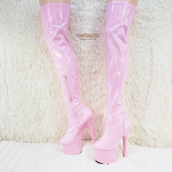 Sexy Thigh High Platform Boots Baby Pink Hologram - Picture 1 of 9